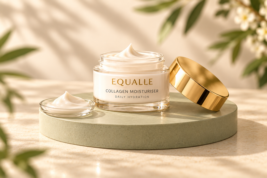 An open EQUALLE Collagen Moisturiser jar and its gold lid