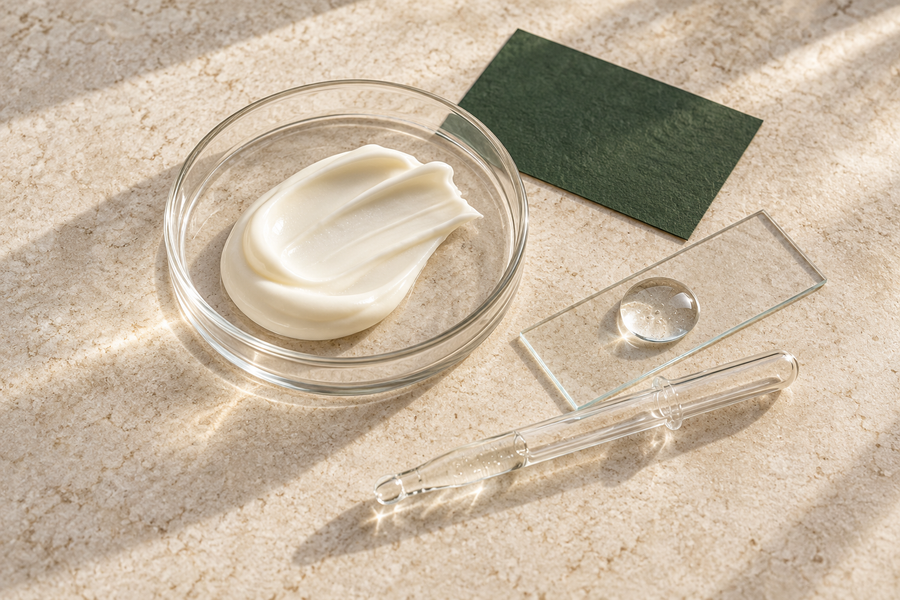 Moisturiser texture and a glass dropper in soft daylight