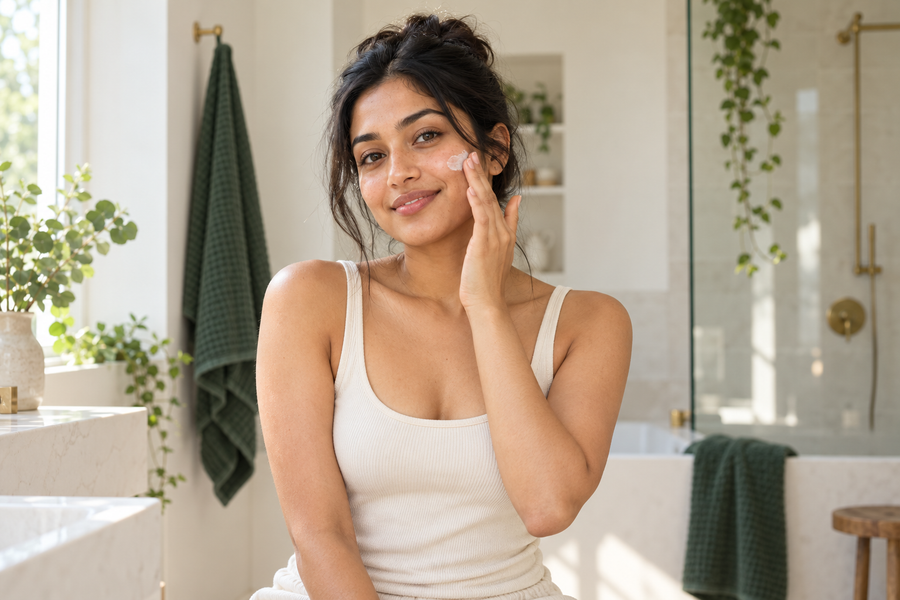 A young adult woman applying moisturiser during her daily routine