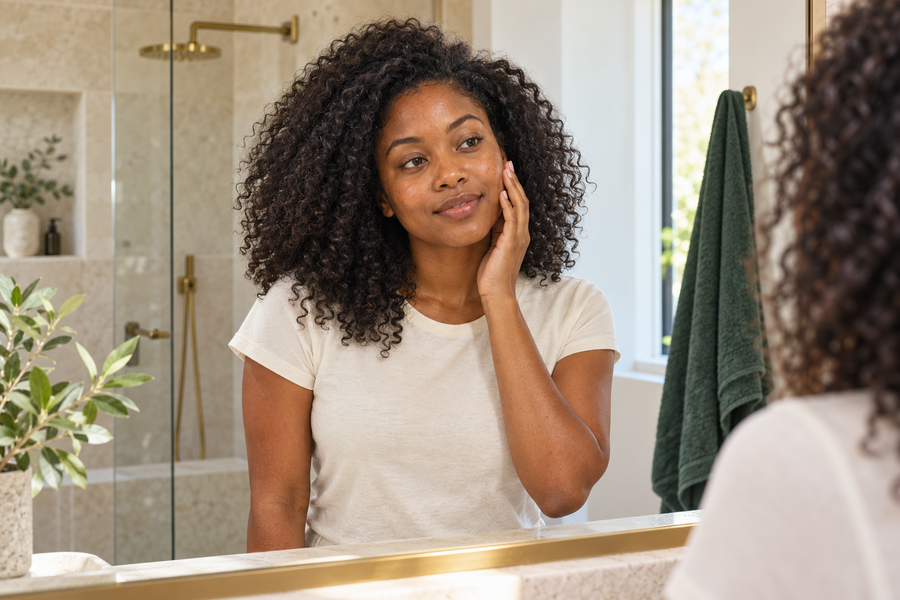 A young adult woman thinking about daily skincare