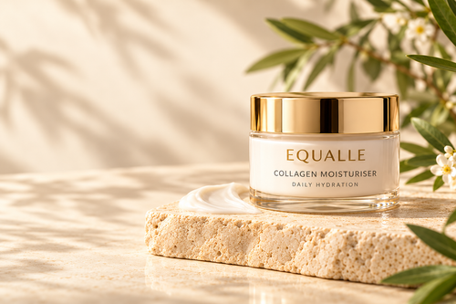 EQUALLE Collagen Moisturiser — frosted ivory jar with gold lid